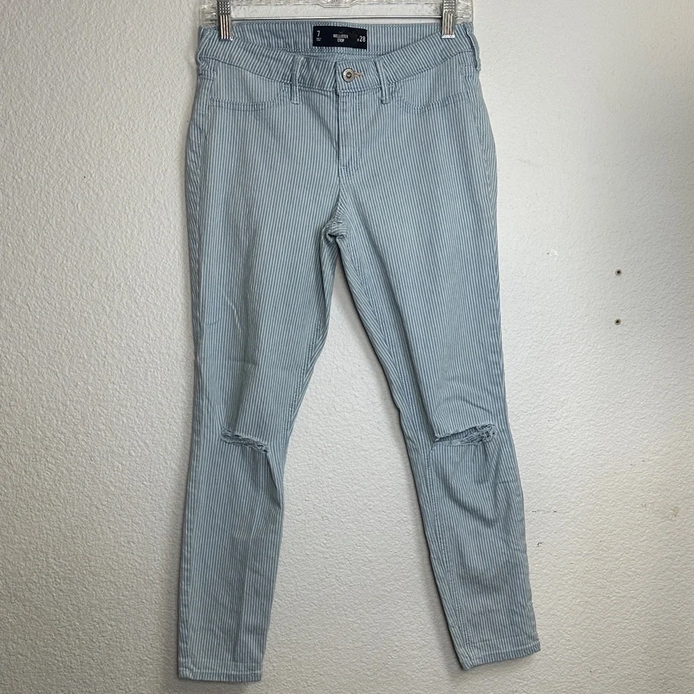 Hollister Crop Blue Stripe Jeans Distressed Womens 28‎ Skinny Denim